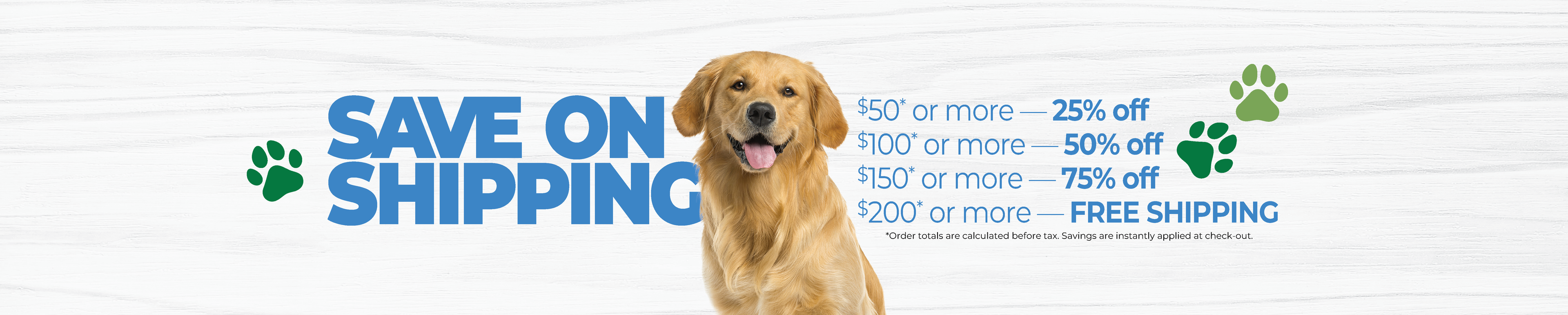 Dog with shipping discount information on a white background